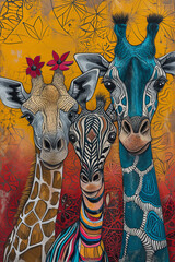 three giraffe, colorful painting,cute