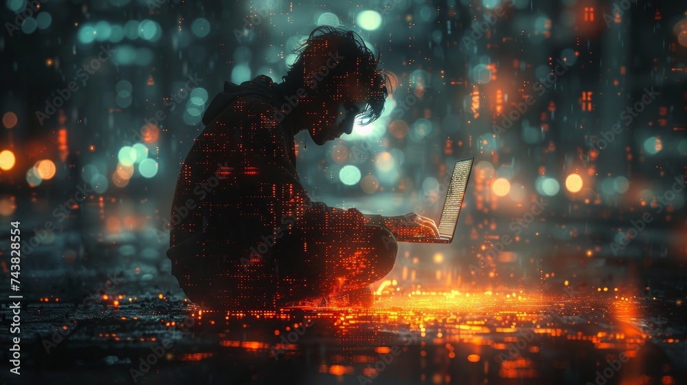Poster Animated concept of a programmer working on a laptop for big data management, computer code on a futuristic virtual interface screen. Data mining, software development, data science.