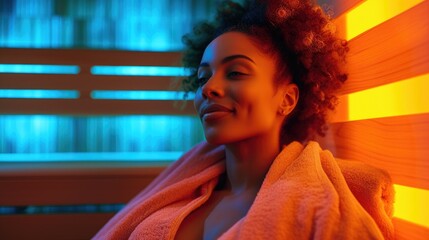 Beautiful african american young woman relaxing in infrared sauna. Sauna at home - obrazy, fototapety, plakaty