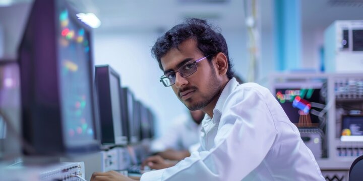 Indian engineer in white clothing working on satellite in high-tech lab. Bright image with ample lighting.