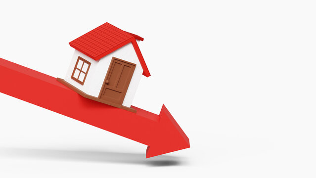 Housing Crisis, Low prices. Housing market is falling. Home Finances, Recession. Concept of decreasing or slumping home prices and value or a real estate bust. 3D house on downward arrow