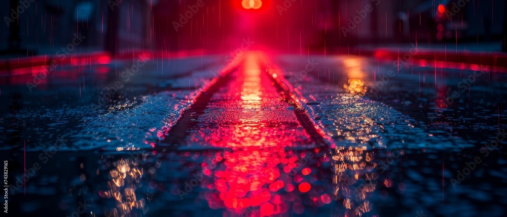 Poster neon light reflecting on wet asphalt at night. rays of light and red laser light. night scene of a s