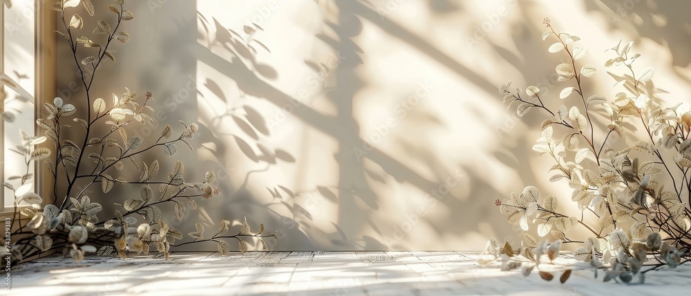 Aufkleber Light and intricate shadows from the window and vegetation on wall create a minimalist abstract background for a product presentation.