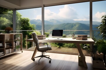 Home office with a standing desk and views of a garden.
