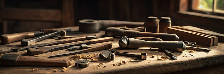 The carpenter's tools, mesmerizing in their beauty, lie in orderly rows on his workbench.