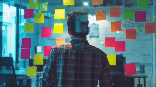 Creative brainstorming session with colorful sticky notes on a whiteboard in a modern office