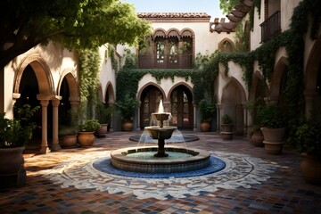 Mediterranean-inspired outdoor courtyard with tiled floors and a fountain.
