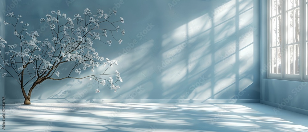 Poster Minimalistic abstract light blue background with light and intricate shadows from tree branches.