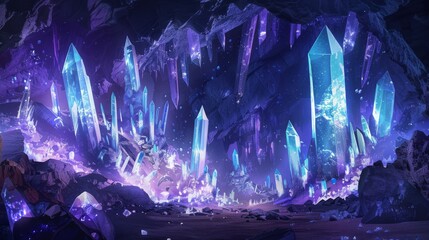 Cross-section of a fantasy cave with magical crystals and mineral formations - obrazy, fototapety, plakaty