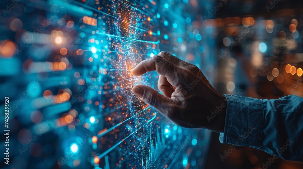 Aufkleber an artificial intelligence screen is touched by a businessman in a digital information technology co