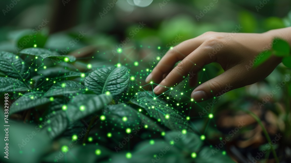 Leinwandbilder a finger touch is used with environment icons over a network connection on a natural background.
