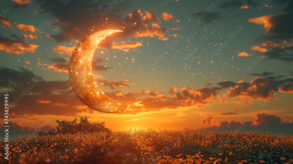 Poster a crescent moon and a star on dusk sky with beautiful twilight on an evening sky background with a f