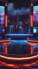 High-Tech Entertainment Studio with Neon Lighting and Futuristic Quiz Show Theme, Vertical Video Format 9:16