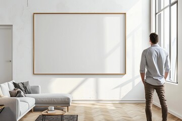 man looking at empty mockup frame, back view