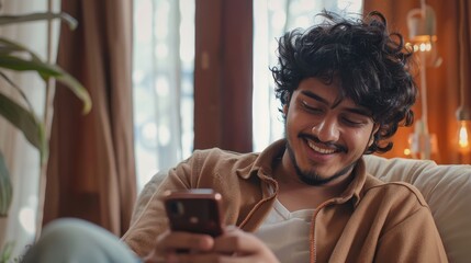 Plakaty  A happy curly young Indian man chats with girlfriend at home from a comfortable armchair, using a modern mobile phone to check social media and use a mobile app. There is copy space on the panorama.
