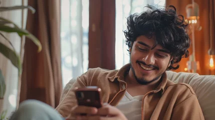 Foto auf Glas A happy curly young Indian man chats with girlfriend at home from a comfortable armchair, using a modern mobile phone to check social media and use a mobile app. There is copy space on the panorama. © Zaleman