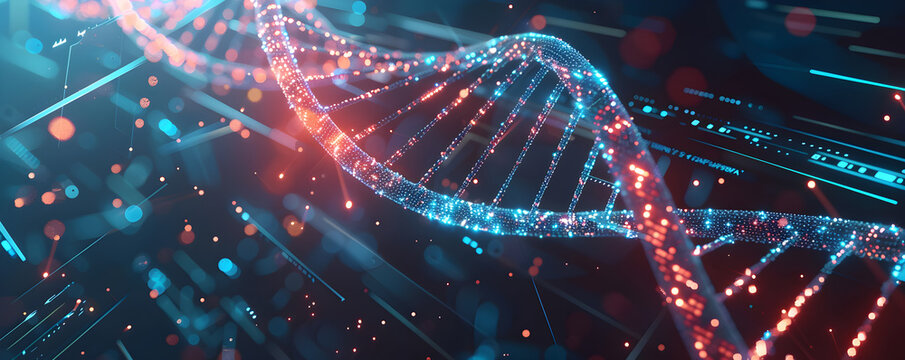 DNA double helix surrounded by digital data points and AI icons