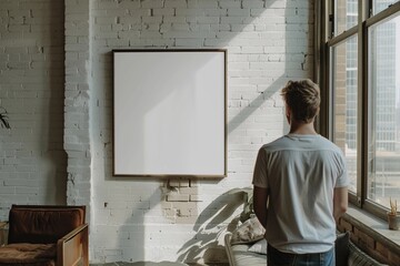 man looking at empty mockup frame, back view
