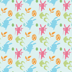 Easter seamless pattern. Colorful rabbits, flowers and leaves on a white background