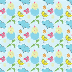 Seamless pattern of white, yellow and brown easter eggs, bunnies and chicks over blue background