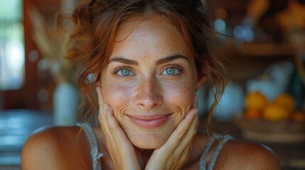 Intimate close-up of a smiling and thankful woman with folded hands on her chest. Emotional positive kind candid millennial woman with folded hands on her chest showing gratitude sign, believe faith - obrazy, fototapety, plakaty