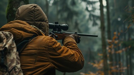 Fototapeta premium Hunter during hunting in forest. Hunter holding a rifle and aiming at deer. hunting expedition in the forest wearing brown jackets and reflective gear