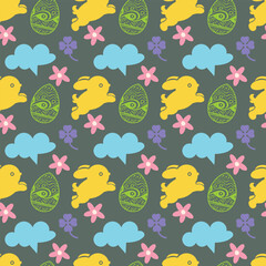 Seamless pattern with Easter bunnies and eggs.
