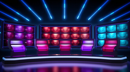 Sci-Fi Quiz Show Set in a Neon-Lit Studio with Advanced Technology Features - obrazy, fototapety, plakaty