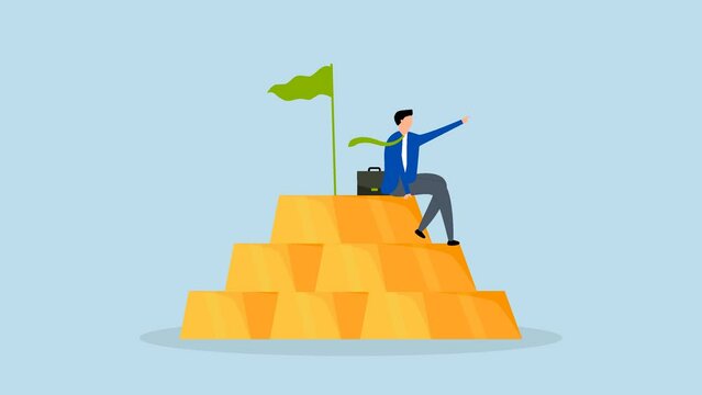 4k Animation Gold investment, businessman, wealth manager, trader, or wealthy investor sits atop a stack of gold bar bullion.