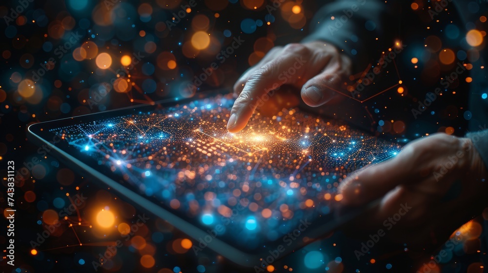 Poster A man using a digital tablet and laptop with a global network connection, computer code, Internet network technology, digital software development background.