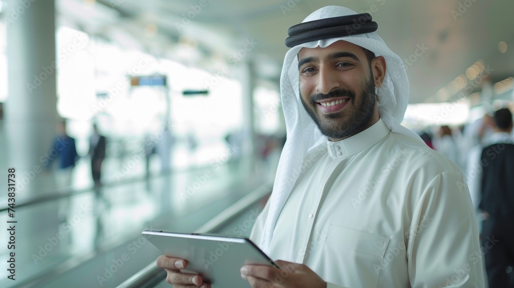 Poster An Arab young man with a digital tablet in his hands poses at an airport terminal, demonstrating the ease of using a tablet computer as he waits for his flight to board, copy space.