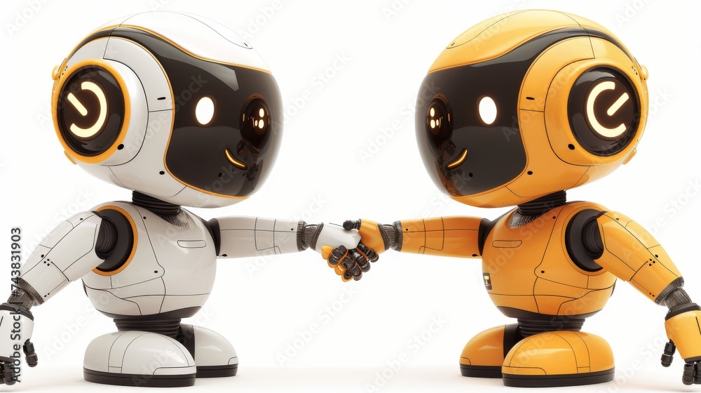 Poster an amiable chatbot helping solve a problem. robot shaking his hand. greeting moves. illustration. is