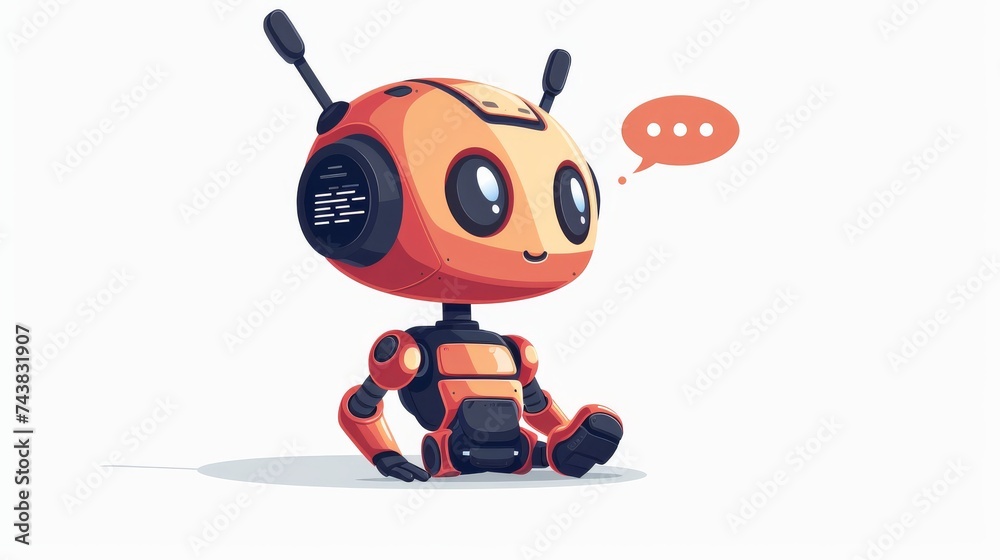 Poster flat illustration of a chat bot. bot holds speech bubbles. robot says hi on screen and has one singl