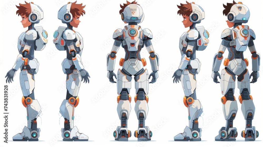 Poster an animated robot character set with different viewpoints, hairstyles, emotions, poses, and gestures