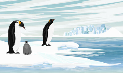 A family of emperor penguins stands on the ocean shore. Birds of the South Poles. Realistic vector landscape