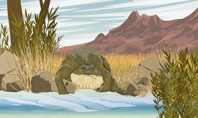 Nile crocodile enters the water. Pond at the foot of the mountains. Realistic vector landscape