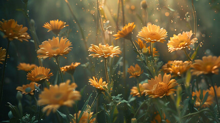 Calendula thriving in a healing garden, using cinematic framing to evoke a tranquil and therapeutic atmosphere.
