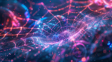 A futuristic technological spider web woven amidst a backdrop of swirling digital patterns and neon lights created by an illustrator