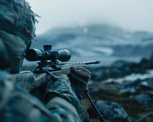 A sniper with a powerful lens takes aim at their distant target - obrazy, fototapety, plakaty