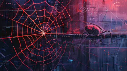 A visually stunning AI generated artwork featuring a cutting edge technology inspired spider web brought to life by a talented illustrator against a backdrop of abstract shapes and geometric