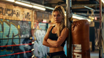 A woman with striking confidence standing next to a sandbag in a boxing gym the backdrop showcases a gritty urban atmosphere