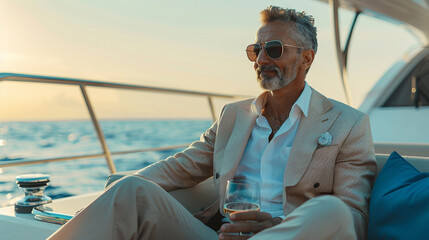 An elegant and sophisticated businessman in a luxurious yacht