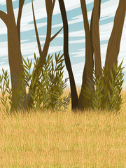 Pasture, trees and shrubs, dry grass and stones. Realistic vector vertical landscape