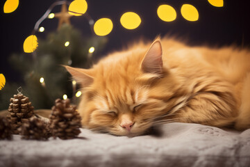 Fluffy ginger cat sleeps on a bedspread against the background of a christmas tree and a festive table