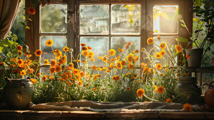 Fototapeta na wymiar Calendula enhancing the serenity of a cottage garden, employing cinematic framing to create a peaceful and inviting atmosphere.
