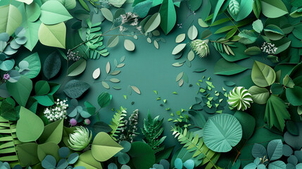Create a visually striking collage using green hues and incorporating elements of paper cut techniques reflecting themes of sustainability and environmental conservation - obrazy, fototapety, plakaty