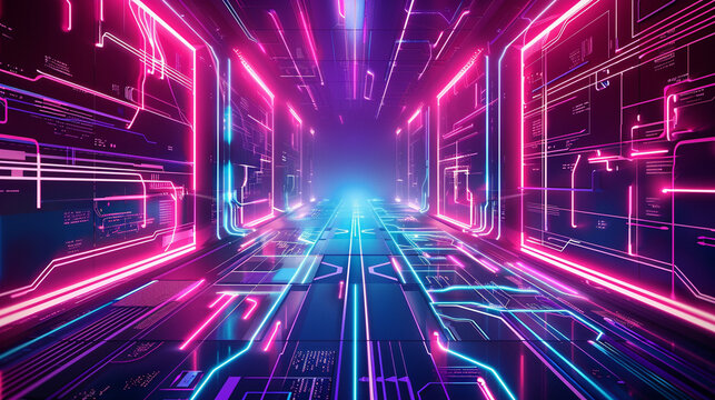 Create a stunning neon light composition incorporating elements of advanced technology