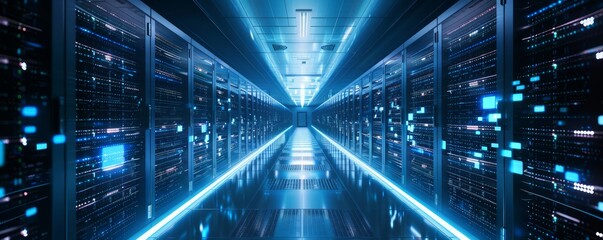 Modern Data Center with Rows of Illuminated Server Racks in a Dark Room