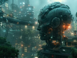 Futuristic Cyberpunk Cityscape with Giant Robot Head at Night