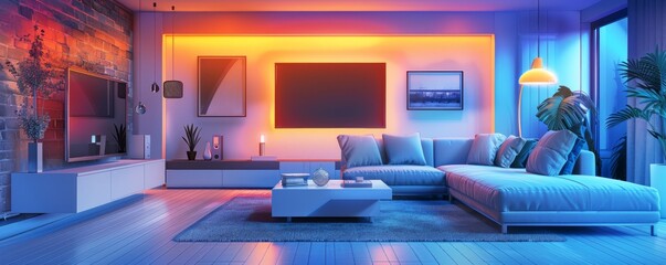 Modern Living Room with Neon Lights and Contemporary Decor